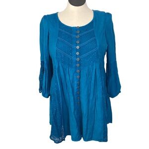 Denim Assymetric Top Womens Sz 12W Color Turquoise 3/4 Bell Sleeve’s Renaissance
